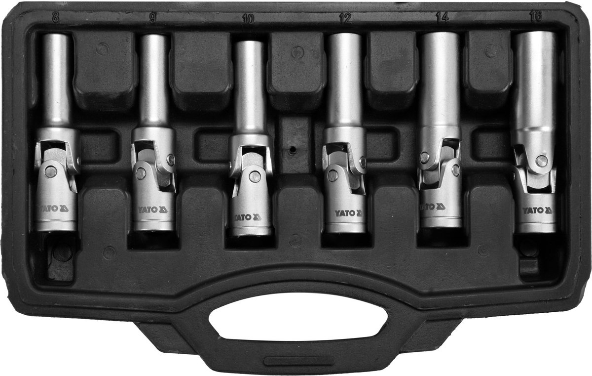 Gloeibougie Doppenset met Gewricht - 6-Delig - 8 t/m 16 mm - 3/8" Drive - Met Rubber Inlay - CrV in Koffer
