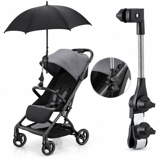 Grijze kinderwagen met zwarte paraplu en verstelbare houder.