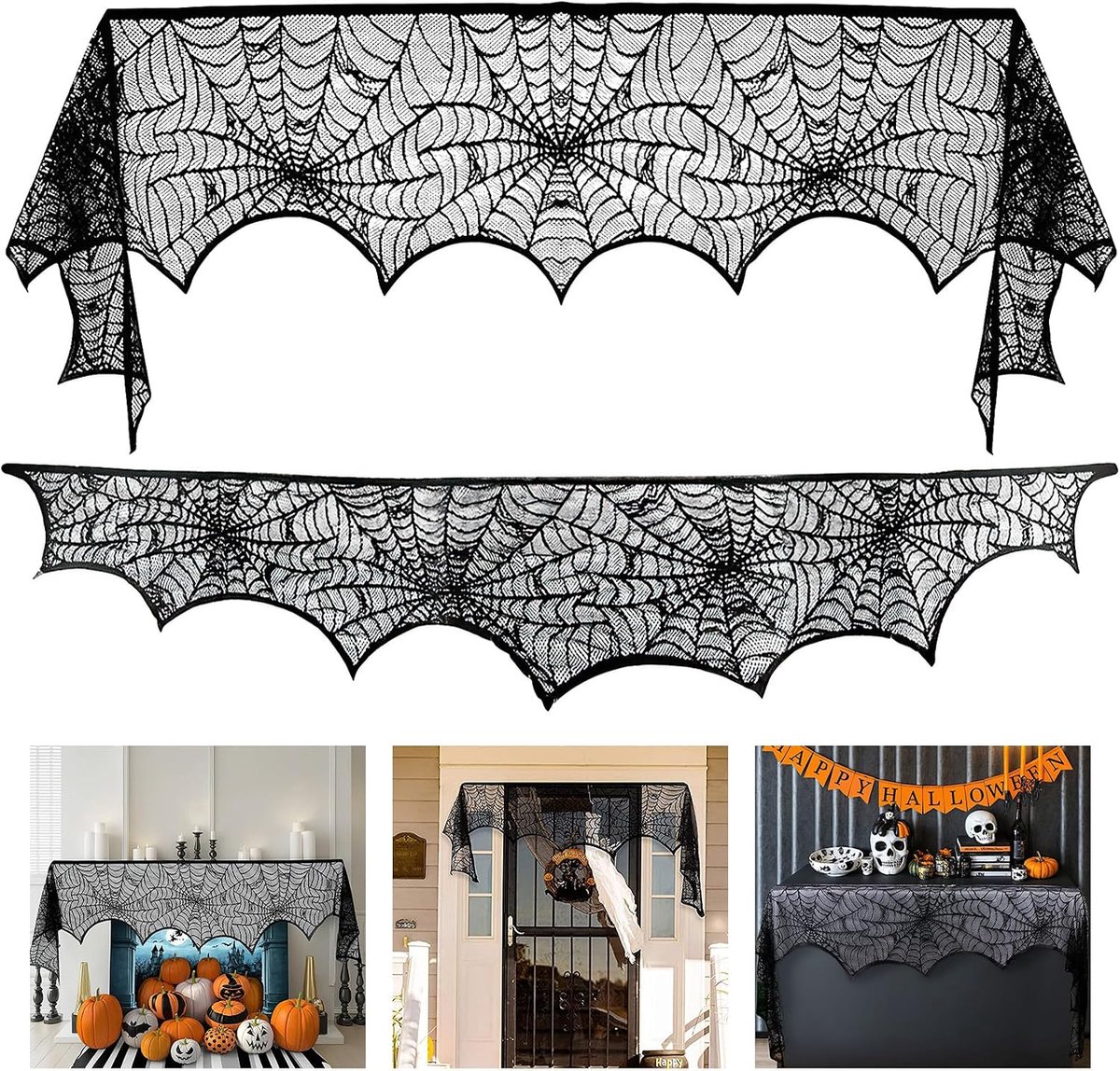 KZQ Halloween-decoratie – Haardkleed in spinnenwebstijl – Tafeldecoratie – Griezelige deurdecoratie – Geschikt voor carnaval en Halloween-feesten – 45 x 248 cm