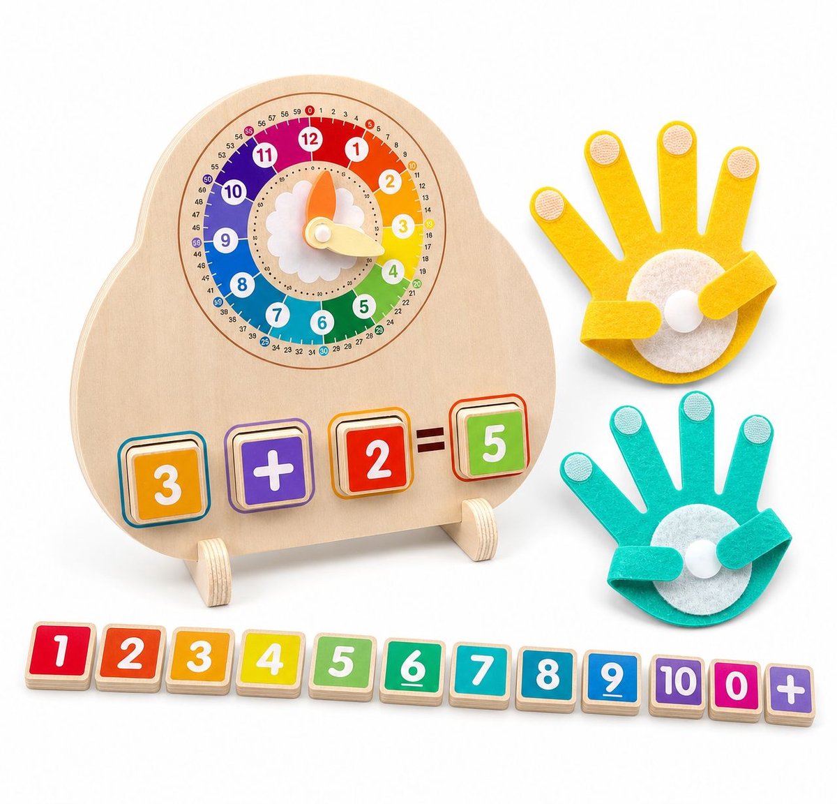 VHV - Kinderspeelgoed 3 4 5 Jaar - Montessori speelgoed - Wiskundige manipulaties met klok, getallenblokken en vingertelkaarten - Educatief speelgoed voor peuters vanaf 3 jaar - Leercadeau