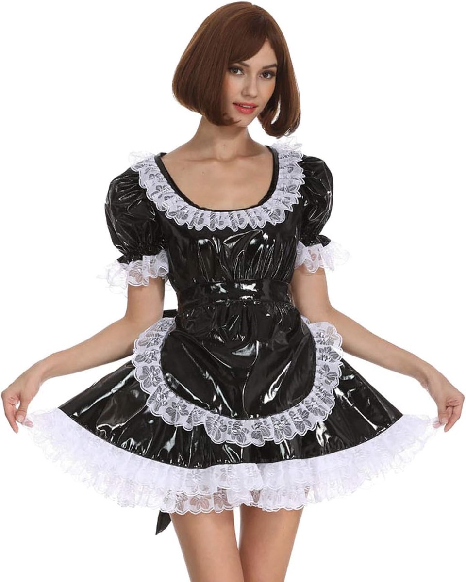 Sissy Ronde Hals Kant Zwarte PVC Jurk Crossdress Bladerdeeg Bal Mouwen