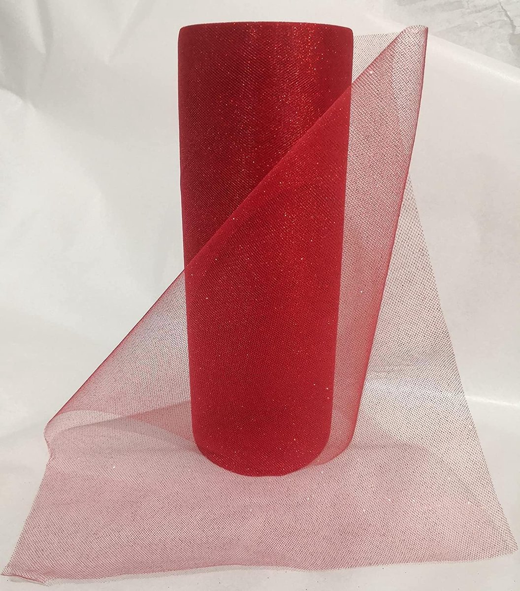 Tule rol rood met glitter breedte 25 cm x 50 meter decoratie voor doe-het-zelf feesten