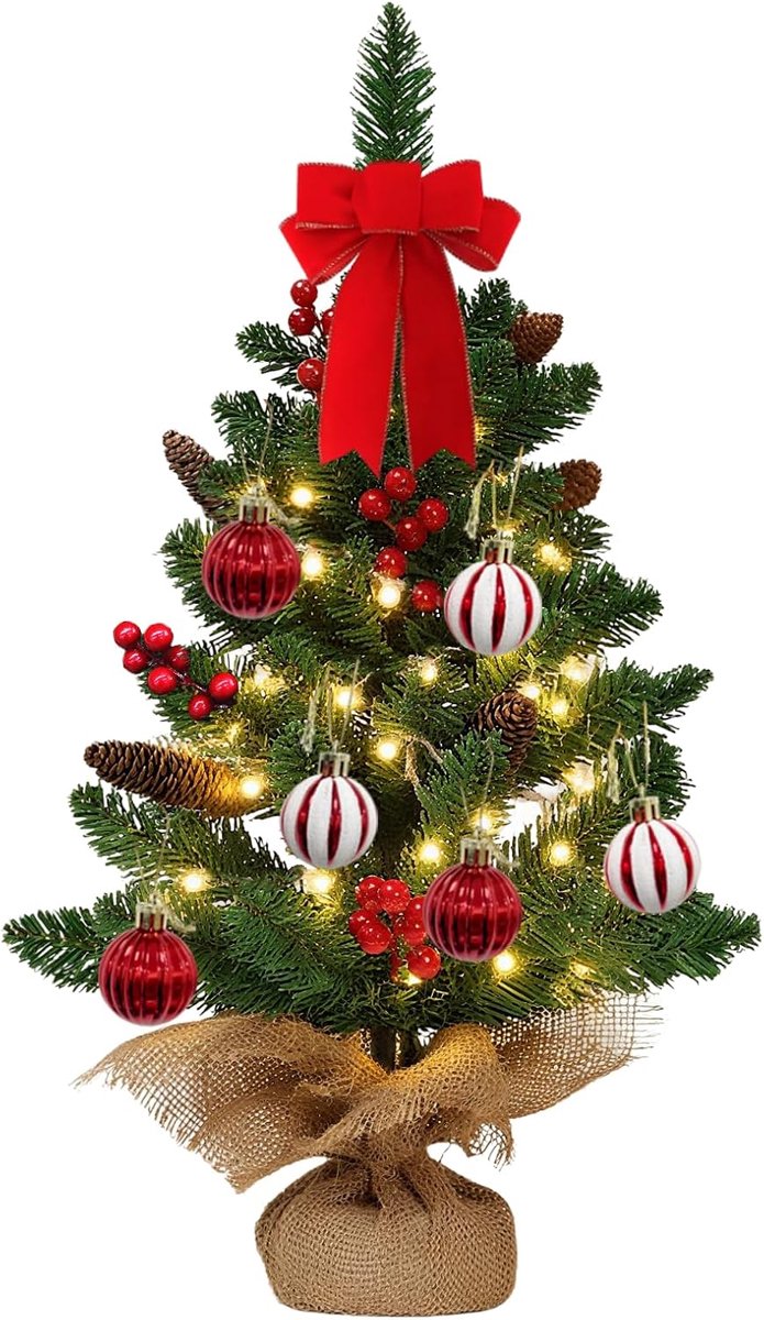 Kunstkerstboom, 60 cm, led-kerstboom met 20 geïntegreerde lichten en 6 kerstballen, kerstboom voor tafel, keuken, woonkamer, slaapkamer en kantoor.
