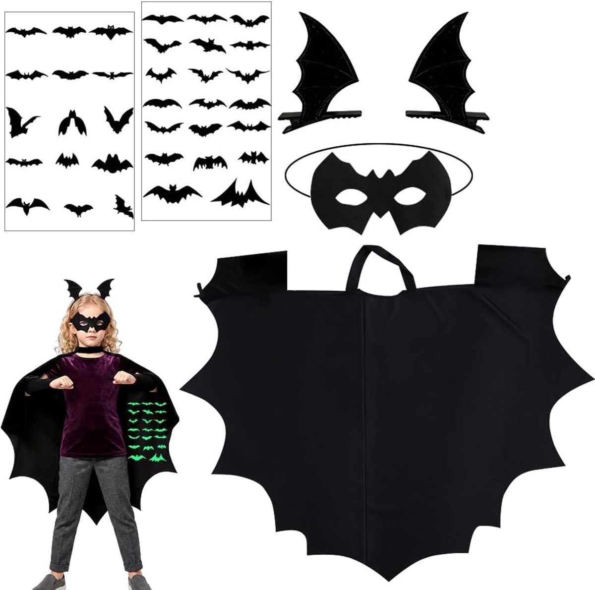 Vleermuiskostuum voor Kinderen, Halloween Kindervleermuiskostuum, Halloweenkostuum, Vleermuis Met Masker en Haarspelden, Vampiercape voor Carnaval, Halloween, Carnaval, Rollenspel