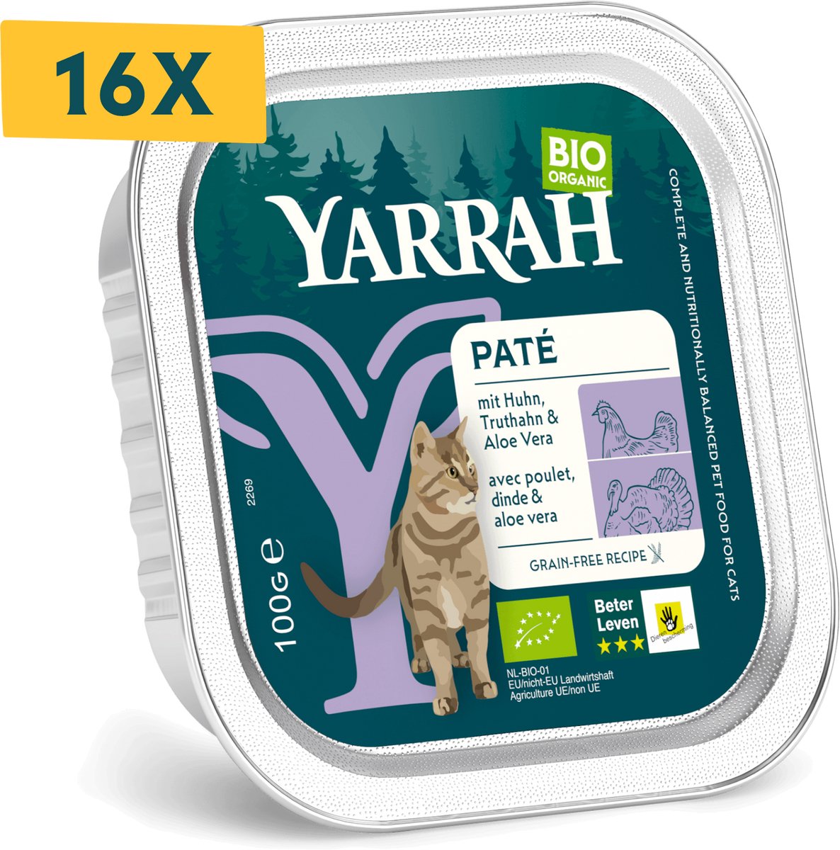Yarrah Bio Kattenvoer Paté Kip & Kalkoen - 16 x 100 gr - Voordeelverpakking