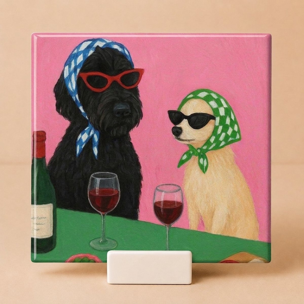 Tegeltje Honden met Zonnebril en Wijn Illustratie Roze – Keramisch Tegeltje 11x11 cm met Houdertje – Grappig Cadeau