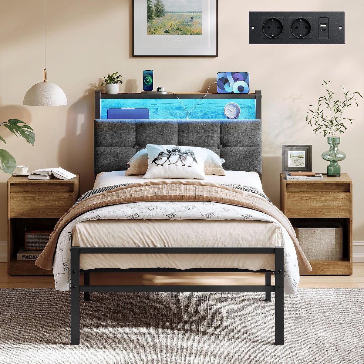 Eenpersoons Bedframe 90 x 190 cm – Met Gestoffeerd Hoofdbord, LED-verlichting, Stopcontacten & USB-C – Opbergruimte – Zwart/Bruin