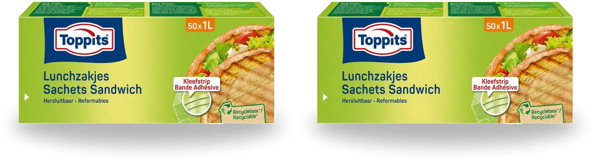 2 x Toppits – Lunchzakjes – Hersluitbaar – 1 Liter – 50 Zakjes - Voordeelverpakking - 2 stuks