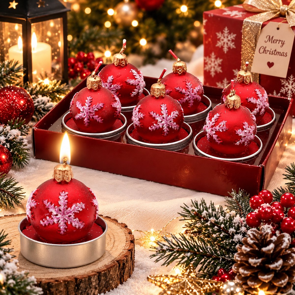 Set van 6 kerstbal-kaarsen rood met sneeuwvlokdecoratie, 4x4x5 cm