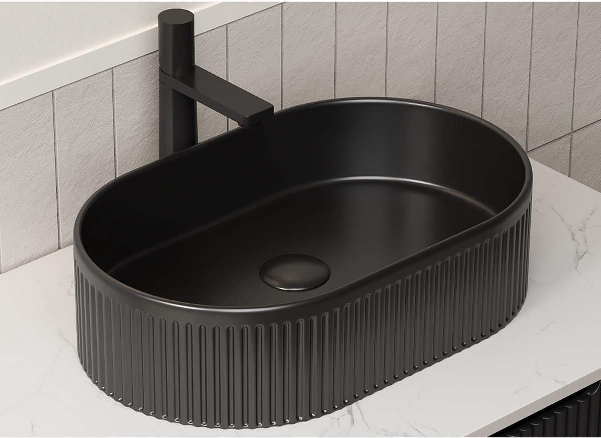DESMIU Wastafel – 49 cm – Ovale Opbouw Wastafel – Keramiek – Mat Zwart – Gestreept Design Met Kraangat Zonder Kraan Voor Badkamer