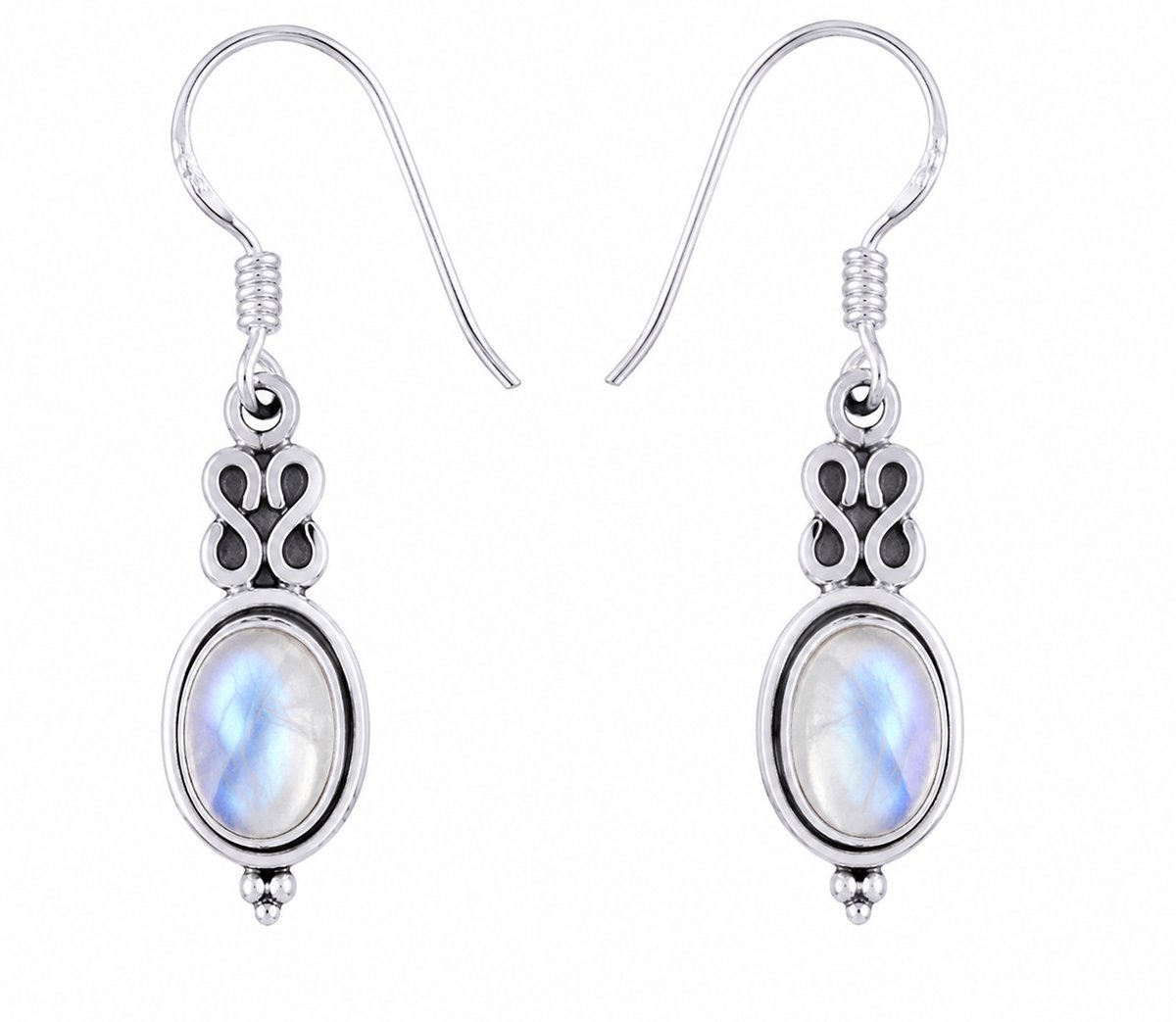 Handgemaakte oorbellen van 925 sterling zilver met ovale regenboogmaansteen