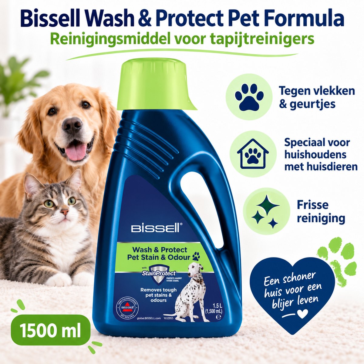 BISSELL Wash & Protect Pet 1500 ml – Tapijt- & Bekledingsreiniger – Tegen Huisdiervlekken en Geurtjes – Voor Dieptereinigers