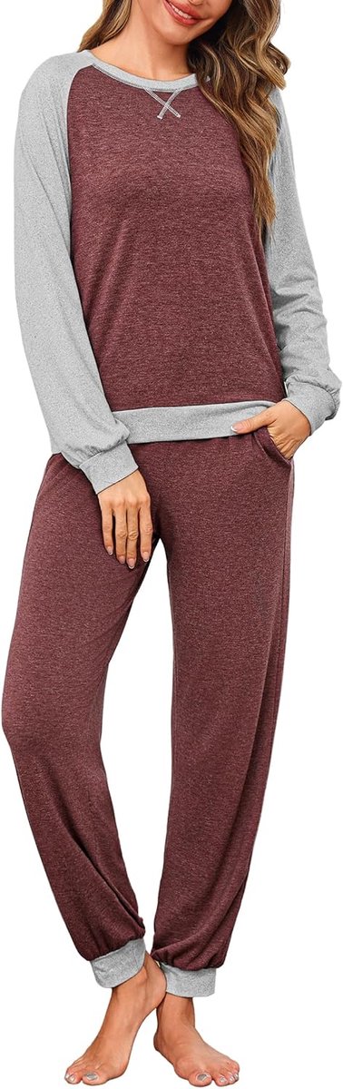 Pyjama voor vrouwen met raglanmouwen winter lange pyjamaset kleurblokkerende lichtgewicht nachtkleding pyjama top en slaapbroek met zakken