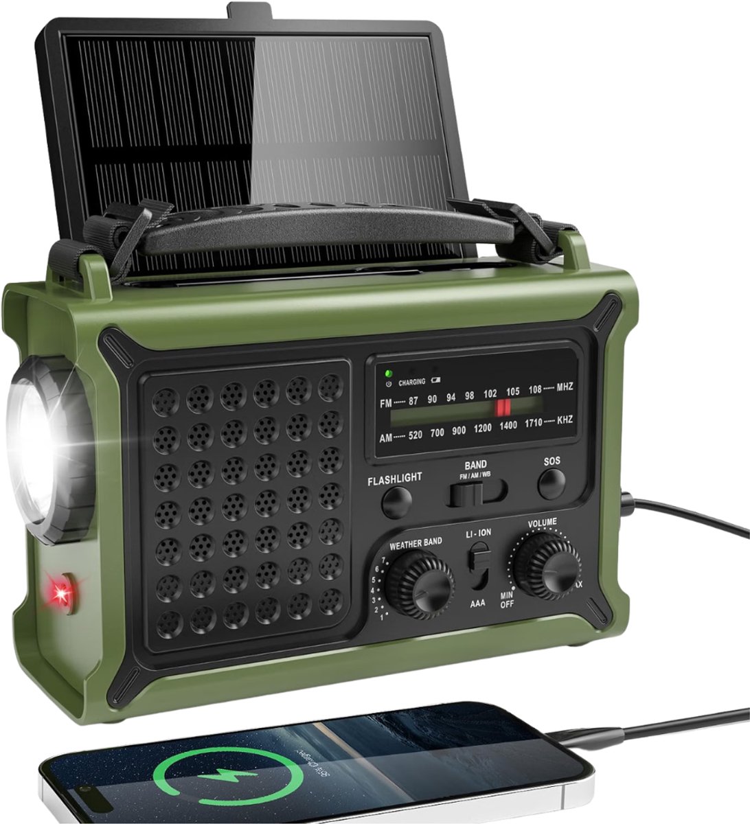 Verte - Noodradio - Draaibare AM/FM-Radio - Noodradio Op Zonne-Energie Met Wereldwijde Ontvangst - Oplaadbare Powerbank Van 12.000 Mah - IPX6 - USB/Type-C-Oplader Voor Mobiele Telefoons - Draagbare Radio Met Draagriem Voor Buitengebruik