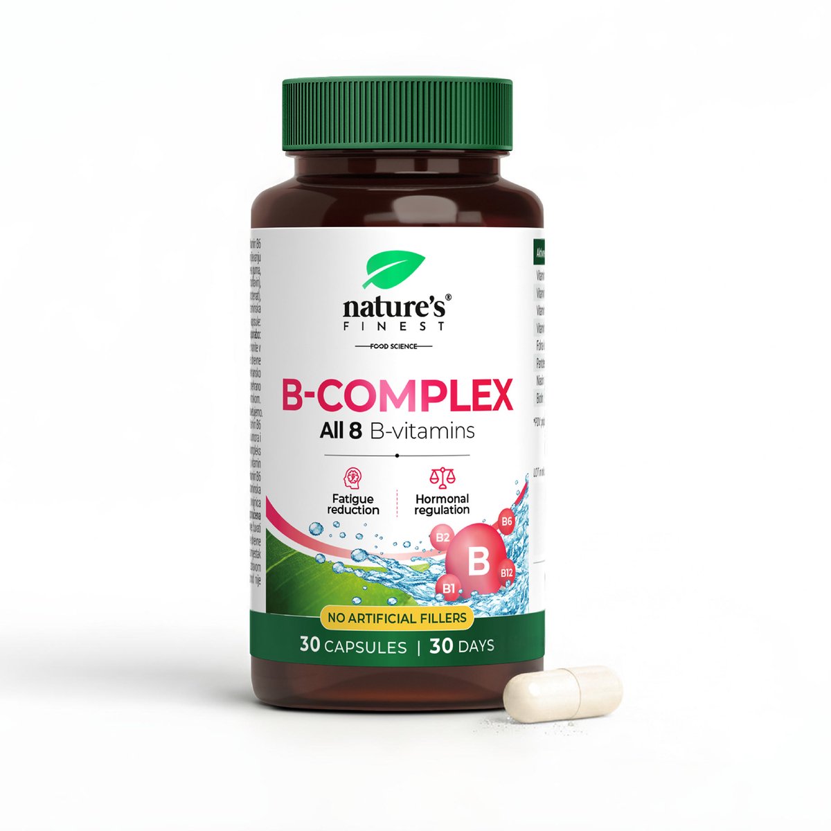 Nature's Finest Vitamine B-Complex - Voedingssupplement 30 Capsules - 8 B-Vitaminen elk 100% van de Referentie-inname - Draagt bij aan Vermindering van Vermoeidheid - Vegan HPMC Capsules