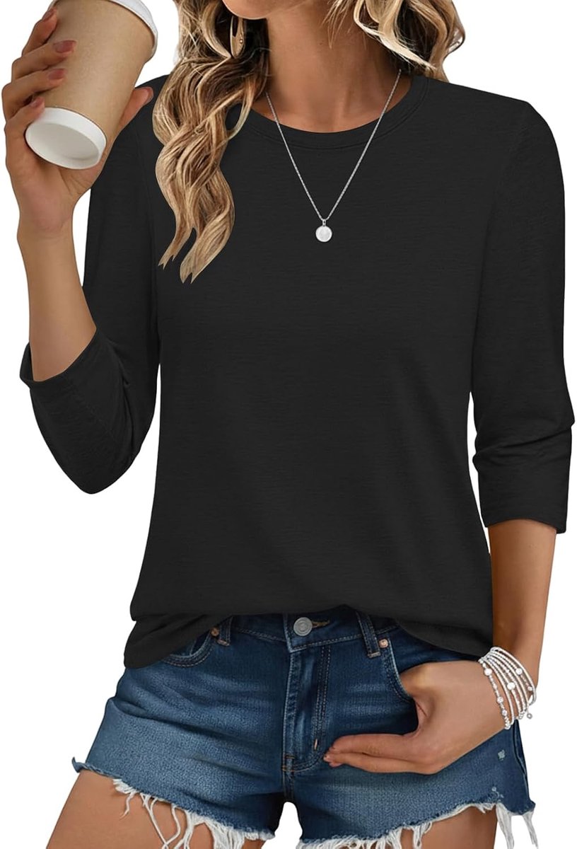Damesshirt met lange mouwen, ronde hals, 3/4 mouwen, effen, basic, elegant T-shirt, zacht comfort, losse trui voor thuis, vrije tijd, onderweg