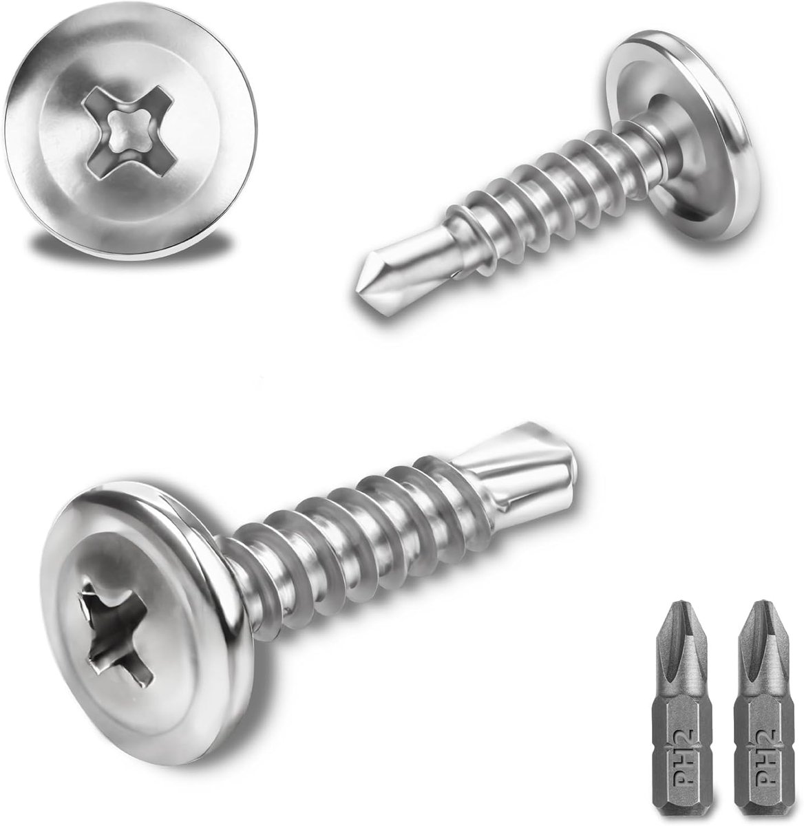 300 stuks zelftappende schroeven, 410 roestvrij staal, 4,2 x 16 mm, plaatschroeven, zelftappende boorschroeven, zelfborend voor staal, metalen schroeven, boorschroeven, verzonken kop, met 2 stuks bits