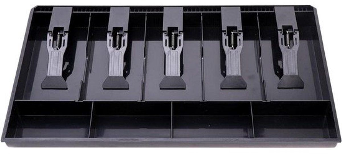 Money box - coin receiver - drawer compartment - 5 compartments voor banknotes - 4 coin boxes - voor supermarkt - zwart