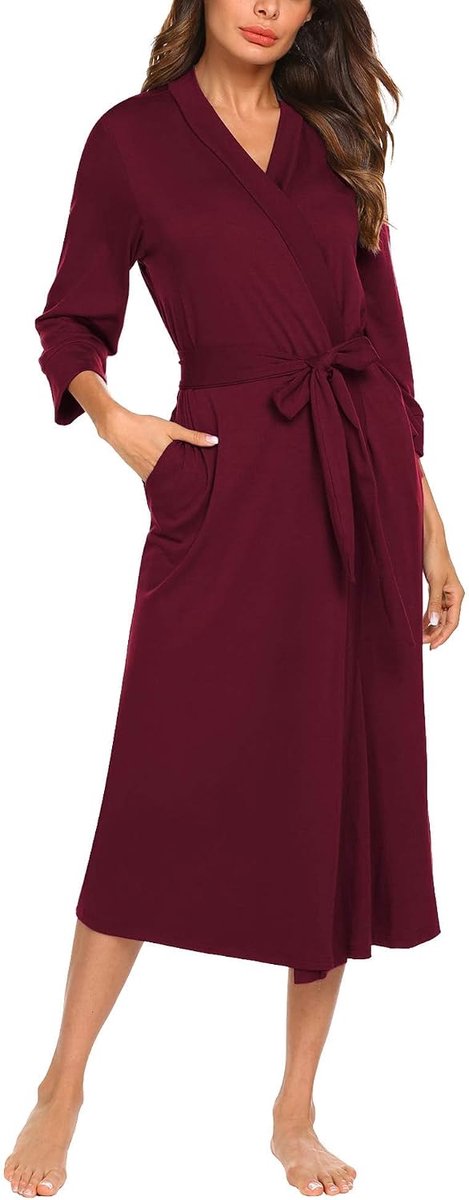 Dames ochtendjas 3/4 mouwen badjas nachtkleding kimono saunamantel met diepe V-hals S-XXXL, A-donkerrood, S