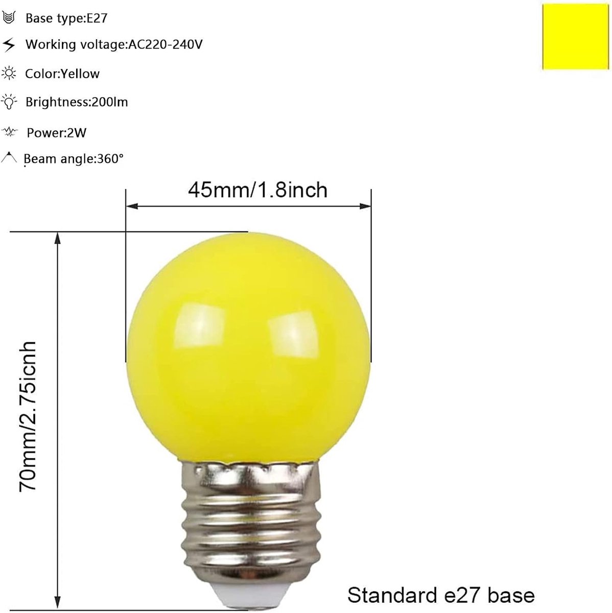 Pak van 10 kleuren LED lamp E27 G45 2W, AC 220V-240V GolfBall lantaarn gloeilampen kleur geel, gebruikt voor outdoor indoor kerstverlichting