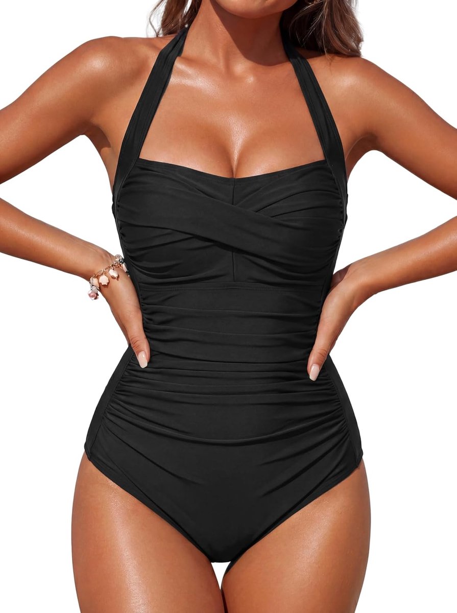 Badpak voor dames, buikweg-push-up, badpak met retro slankheid, plooien, vintage, eendelige badmode, badpakken voor vrouwen