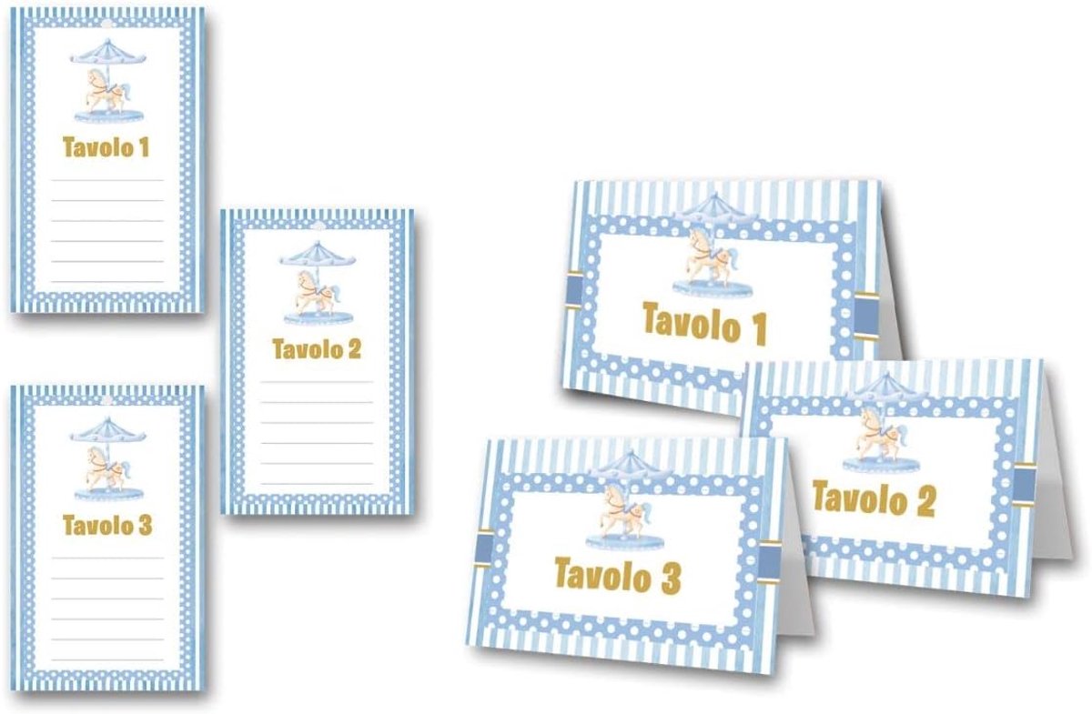 20 tafelkaarten (10 x 8 cm) + 20 tafelkaarten (15 x 10 cm) voor doopfeest, liefdevol bedrukt, tafelkaarten van papier voor jongens en meisjes, tafeldecoratie voor diners en ceremonie (Carrusel