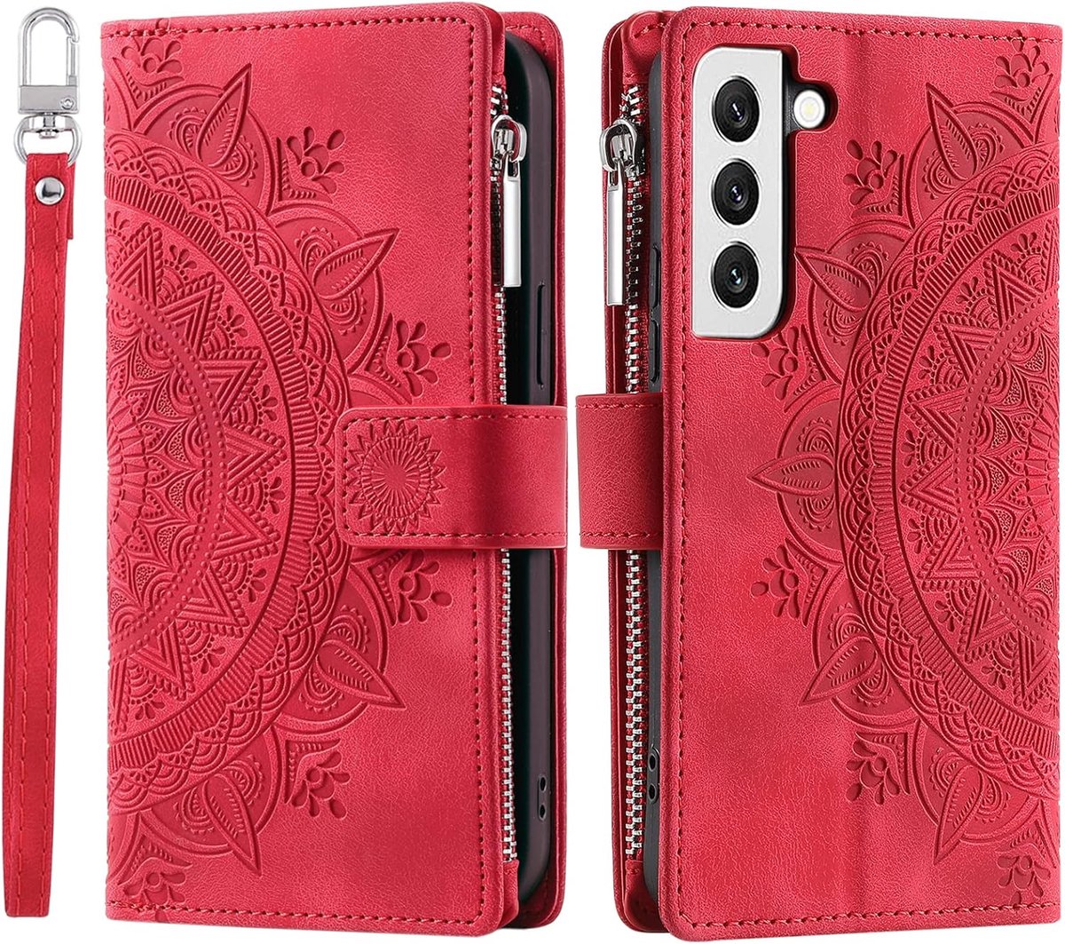 Hoes voor mobiele telefoon voor Samsung Galaxy S22, klaphoes met bloemenmotief, beschermhoes, klaphoes, met kaartenvak, mobiele telefoon, bookcover, flipcase, standaard, rood