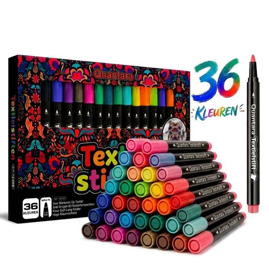 Doos met 36 Quantara textielstiften in regenboogkleuren, naast een rode marker. Tekst: '36 KLEUREN'.