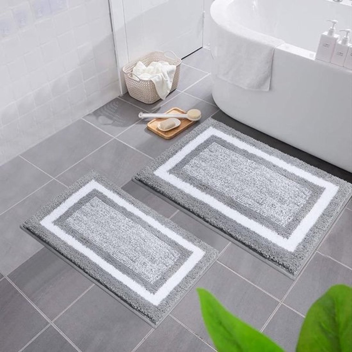 Badmat set 2-delig antislip wasbaar badmat pluizig hoogpolig douchemat - 40 x 60 cm + 50 x 80 cm grijs