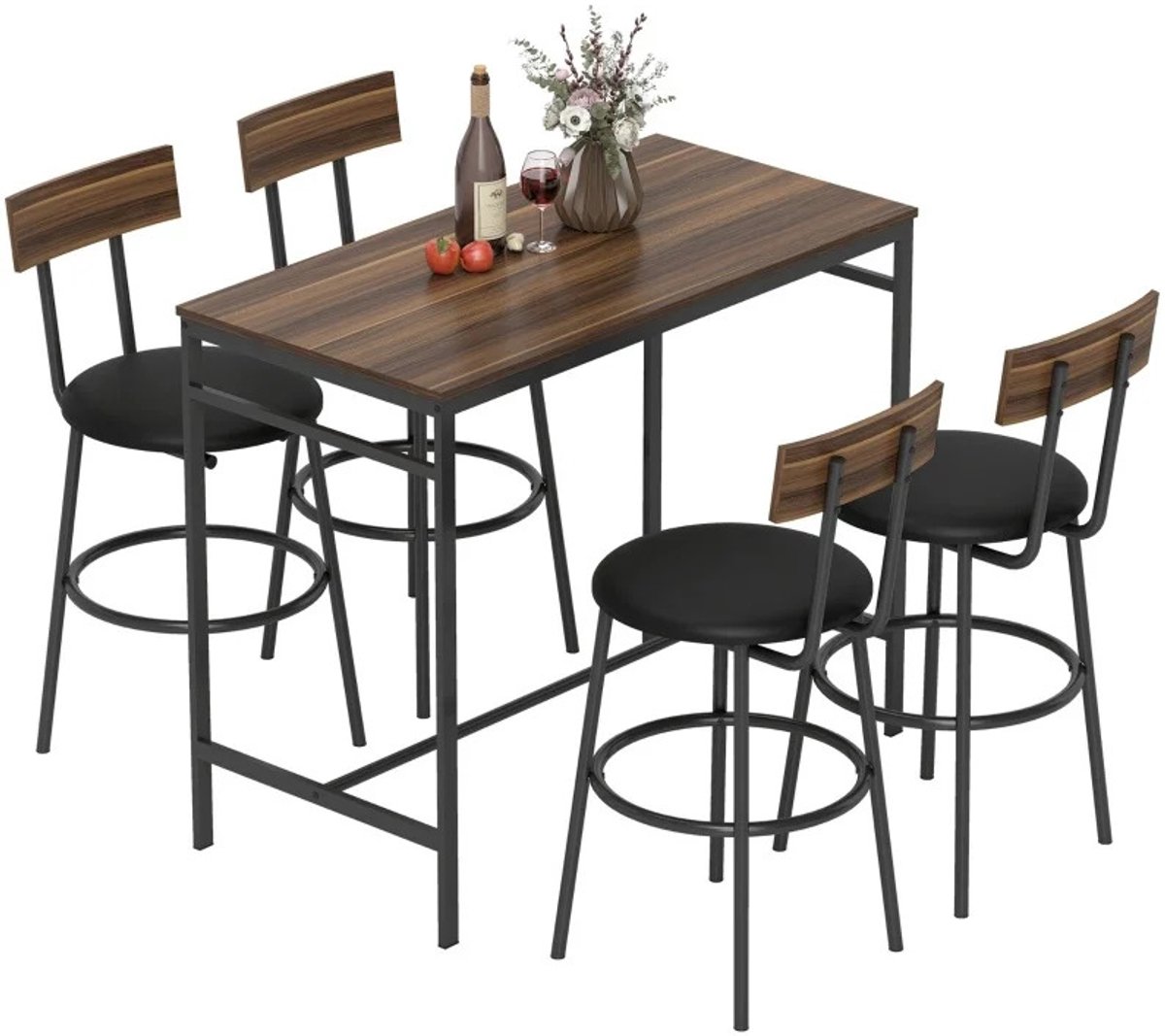 Gudalio Bartafel Set - Eettafel Set - Tafel - Keukentafel - 4 Persoons - 4 Gestoffeerde Krukken - 5 Delig - Modern - Hout - Zwart