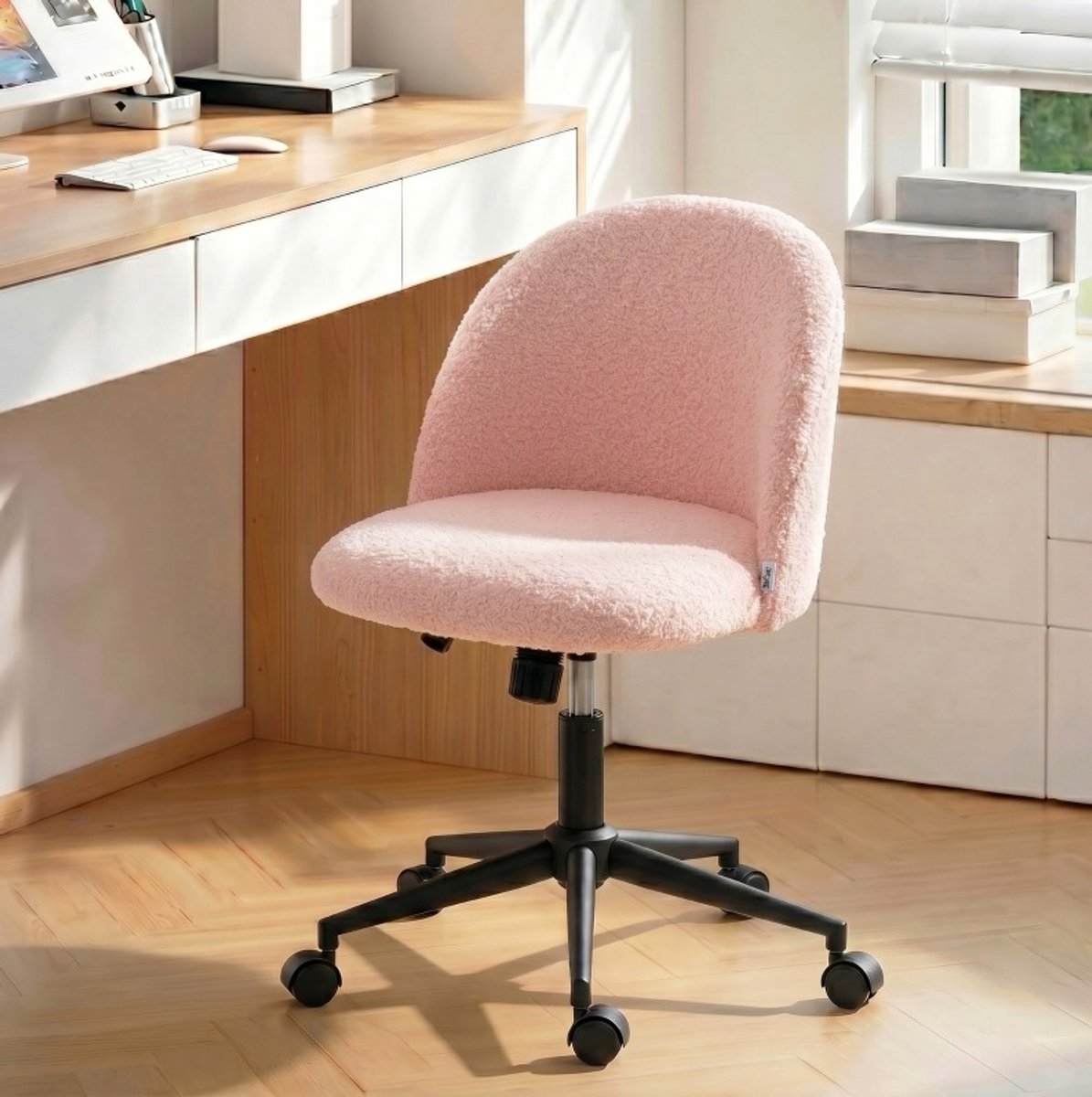 MODENUIT Bureaustoel 52 x 59 cm - Draaibaar, Hoogteverstelbaar en Met Wielen - Voor Kantoor - Polyester - Roze