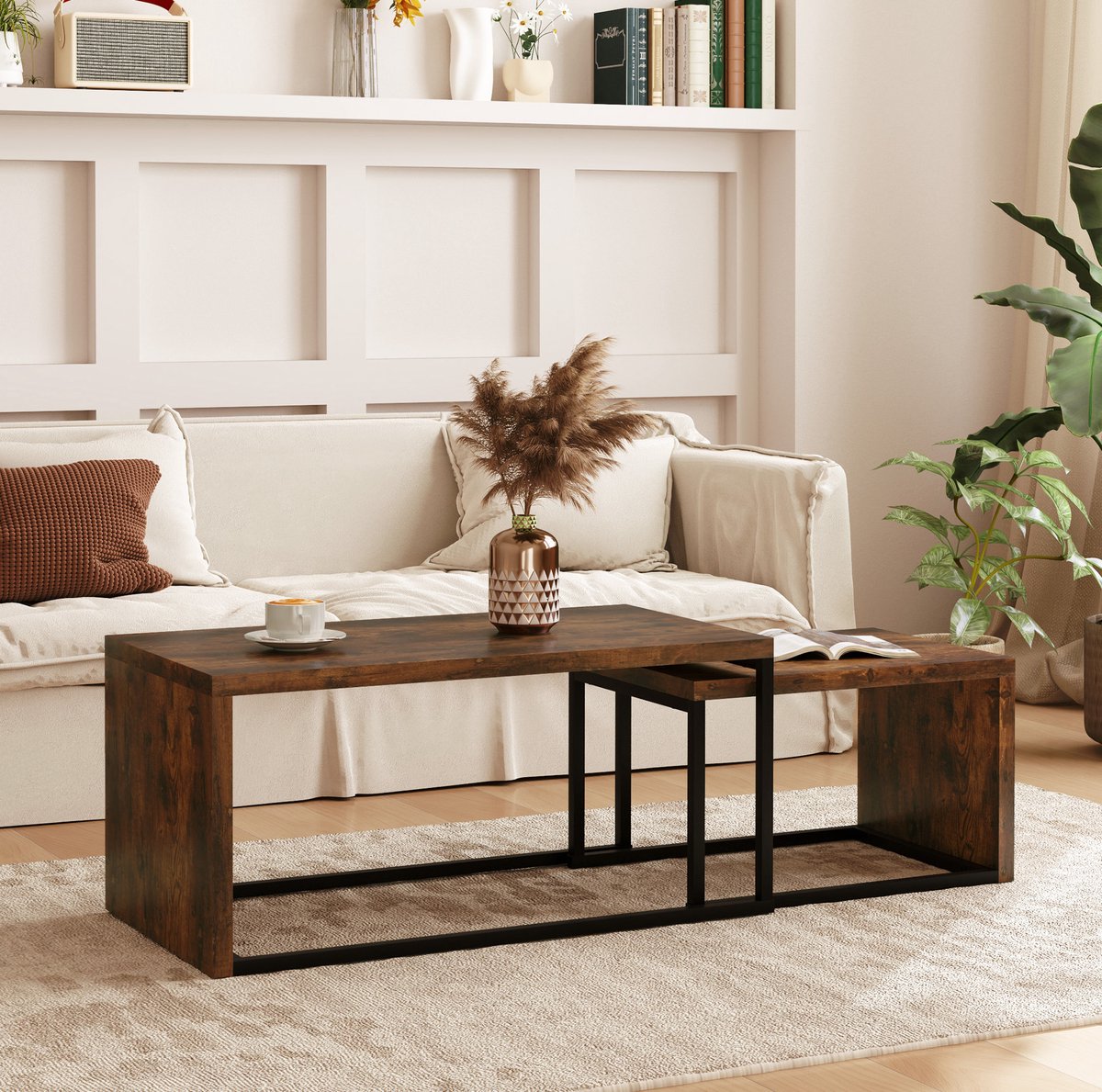 STILVORA Salontafel - 2-Delige Set met Stapelbaar Ontwerp - voor Woonkamer en Slaapkamer - MDF en Metaal - 90x48x42 Cm - Rustiek Bruin