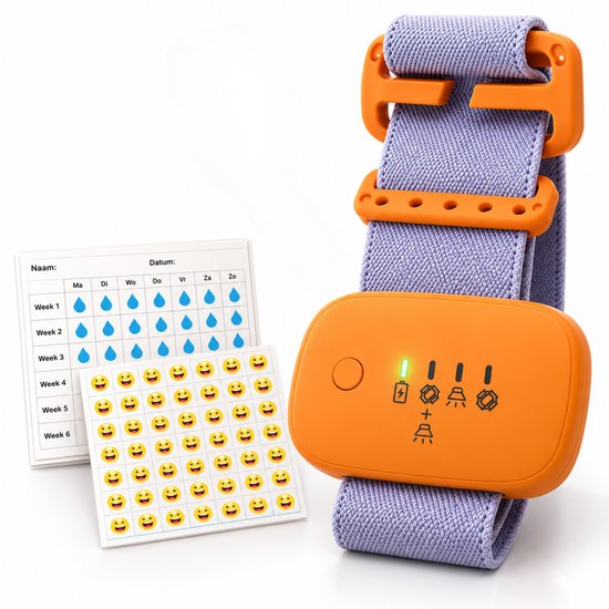 Oranje plaswekker op lichtblauwe band met beloningskaart vol met emoticons en waterdruppels. "Datum" en "Week" zijn zichtbaar.
