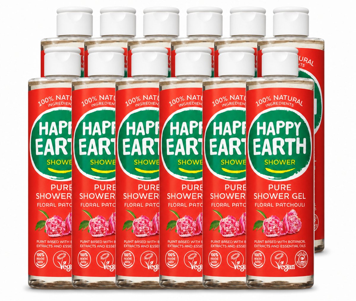 12 x Happy Earth – Douchegel – 100% Natuurlijk Floral Patchouli – 300 ml - Voordeelverpakking - 12 stuks