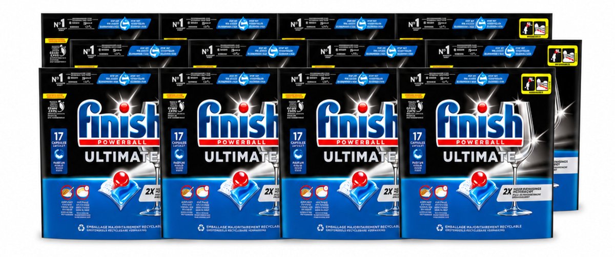 12 x Finish - Vaatwasmiddel - Ultimate Vaatwastabletten Regular - Krachtige Reiniging - 17 capsules - Voordeelverpakking - 12 stuks