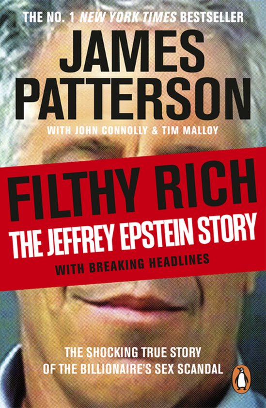 Boekomslag Filthy Rich van James Patterson met een portret van Jeffrey Epstein en rode balk met witte tekst.