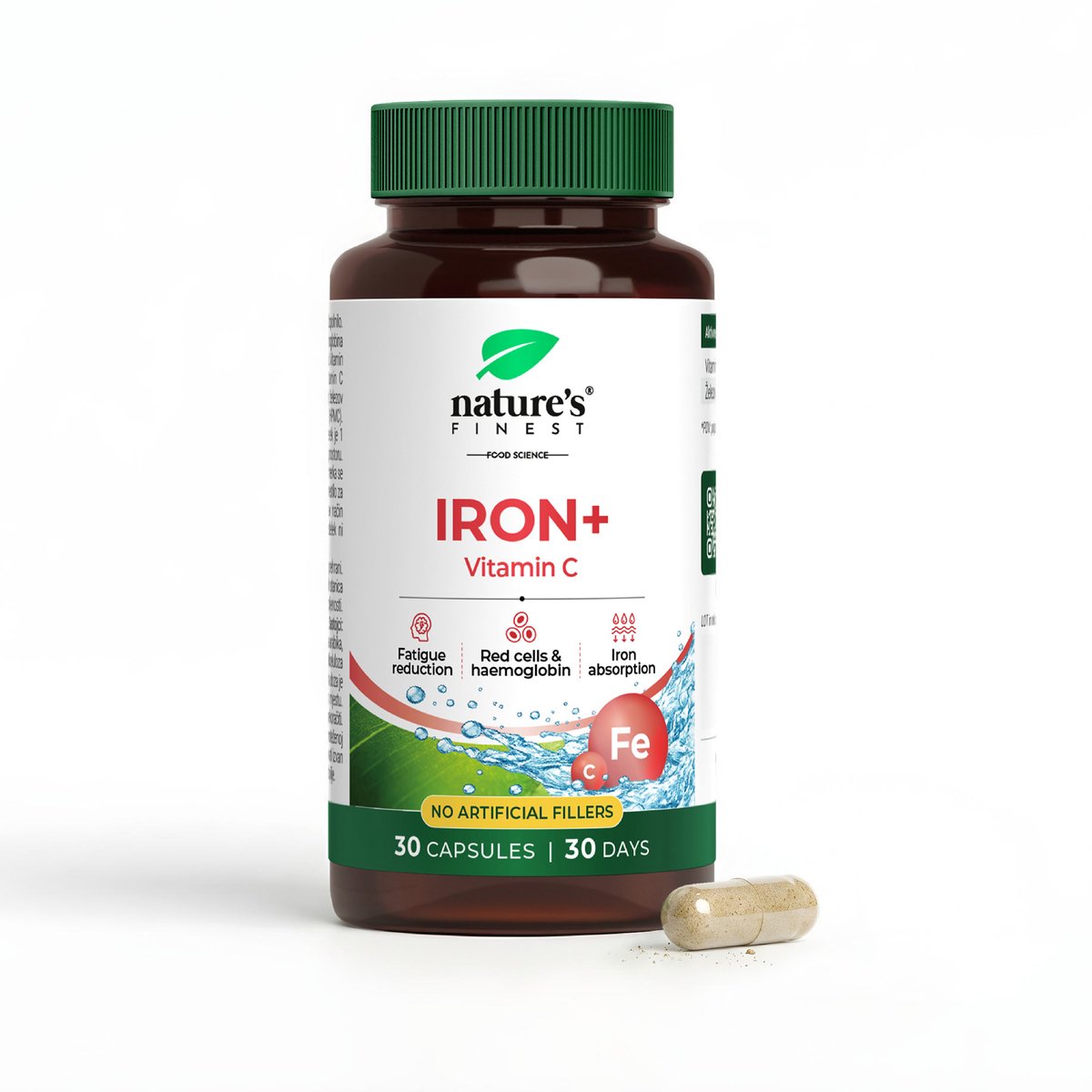 Nature's Finest IJzer + Vitamine C - Voedingssupplement 30 Capsules - 14 mg IJzer (100% RI) en 250 mg Vitamine C - Draagt bij aan Vermindering van Vermoeidheid en Normale Vorming van Rode Bloedcellen - Vegan