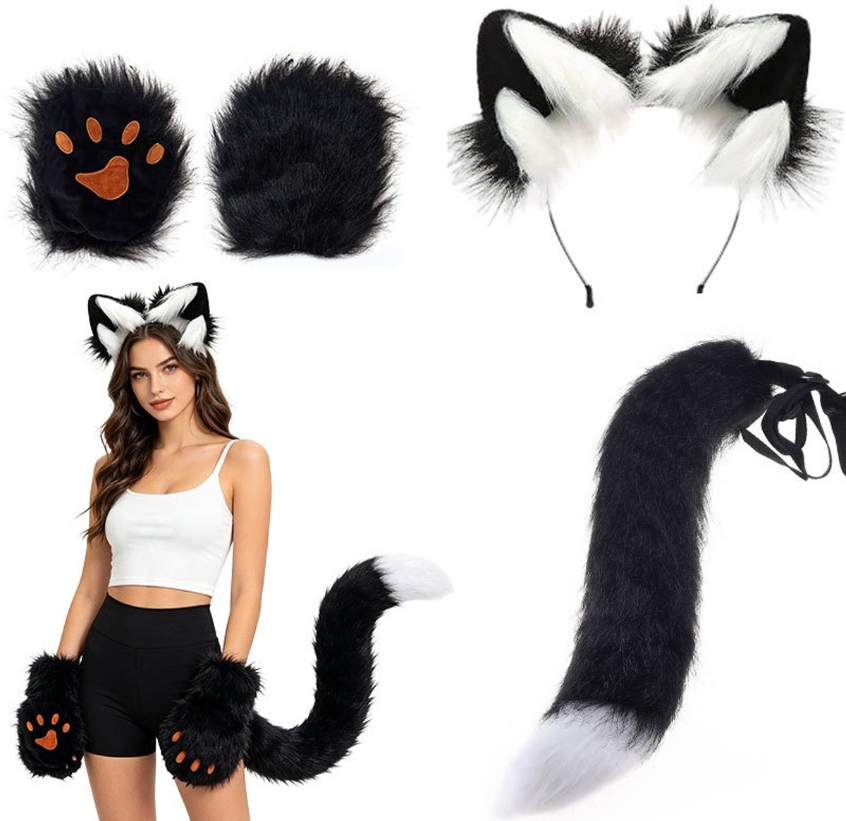 Pluizige Wolf Oren Hoofdband, Staart en Po Handschoenen Set - Cosplay Kostuum Accessoire voor Halloween en Themafeesten -Zwart-witte driedelige set