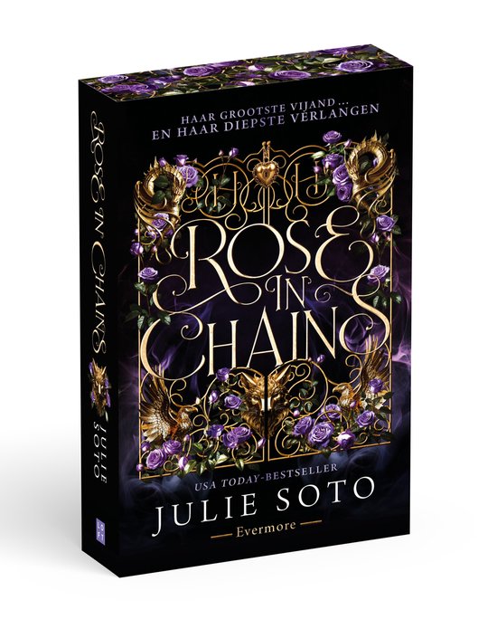 Boek "Rose in Chains" met gouden sierhek, paarse rozen en de naam Julie Soto.