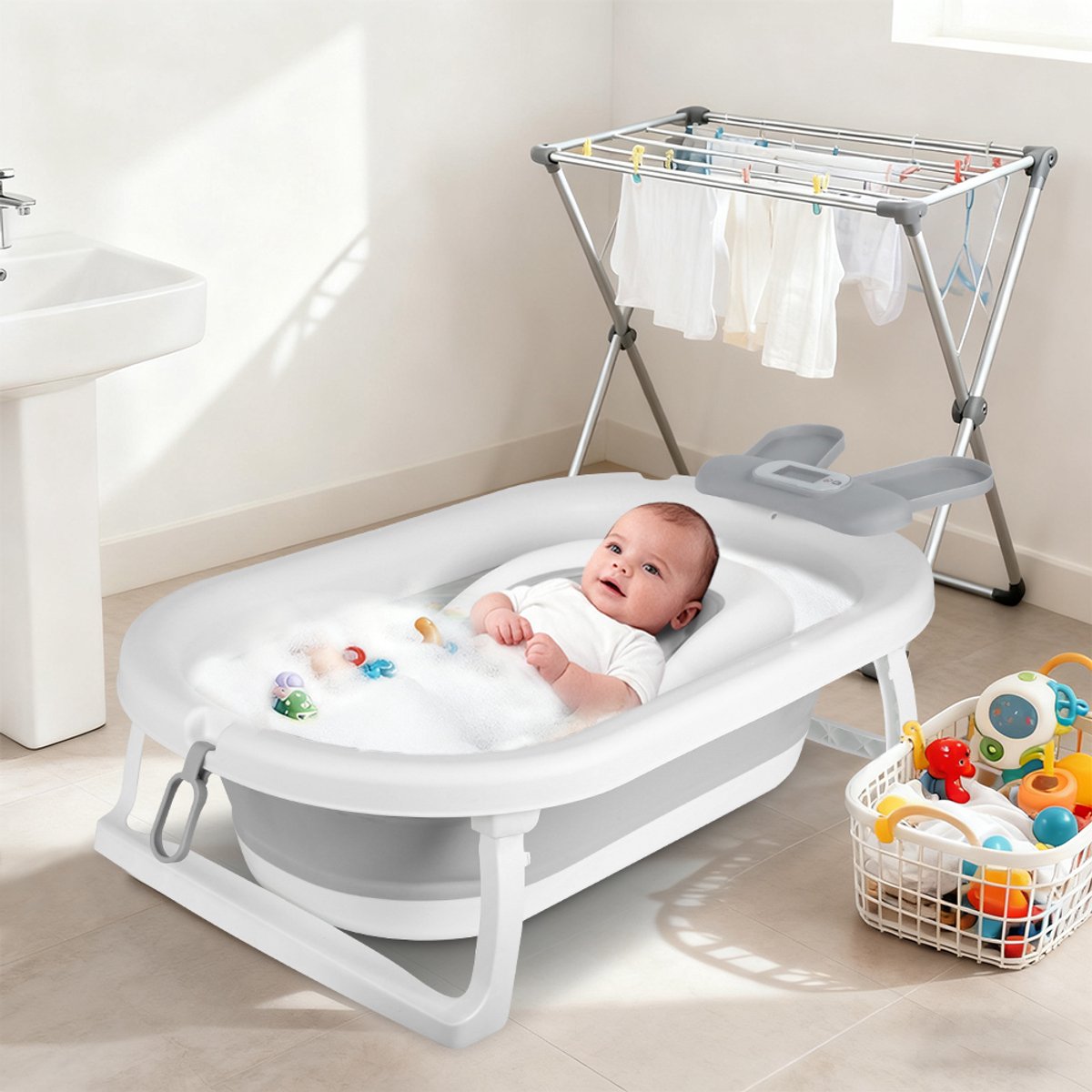 PIPIPOXER- Opvouwbaar babybadje - Babybad - met digitale thermometer en badstandaard en shampoo kapje - Peuterbad -Cadeaus geven - Grijze konijn