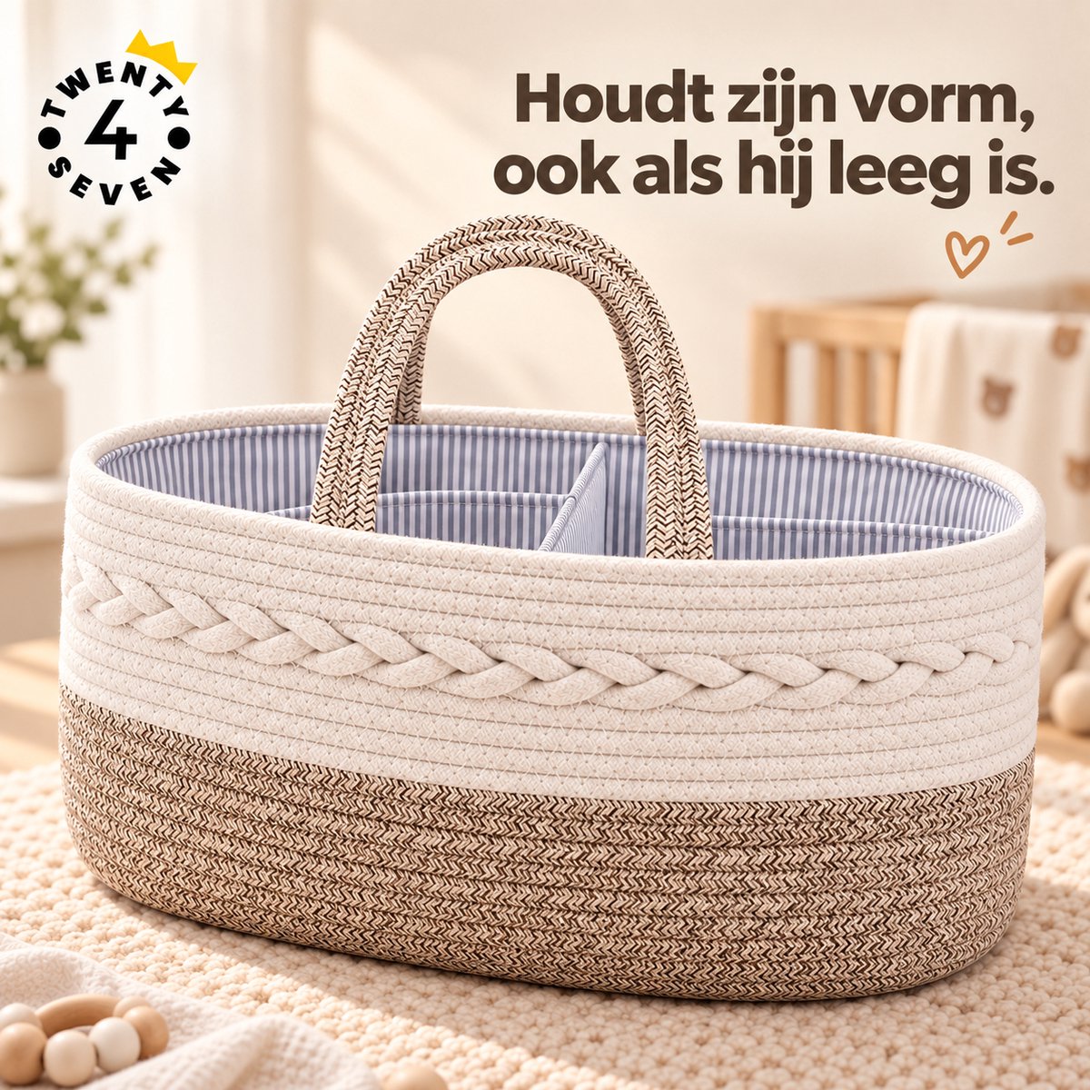 Twenty4seven® Luiermand Baby met 3 Vakken - Luiertas Organizer & Commodemand - Kraammand Gevlochten Katoen - Opbergmand Babykamer - Kraamcadeau Jongen & Meisje – foto 2