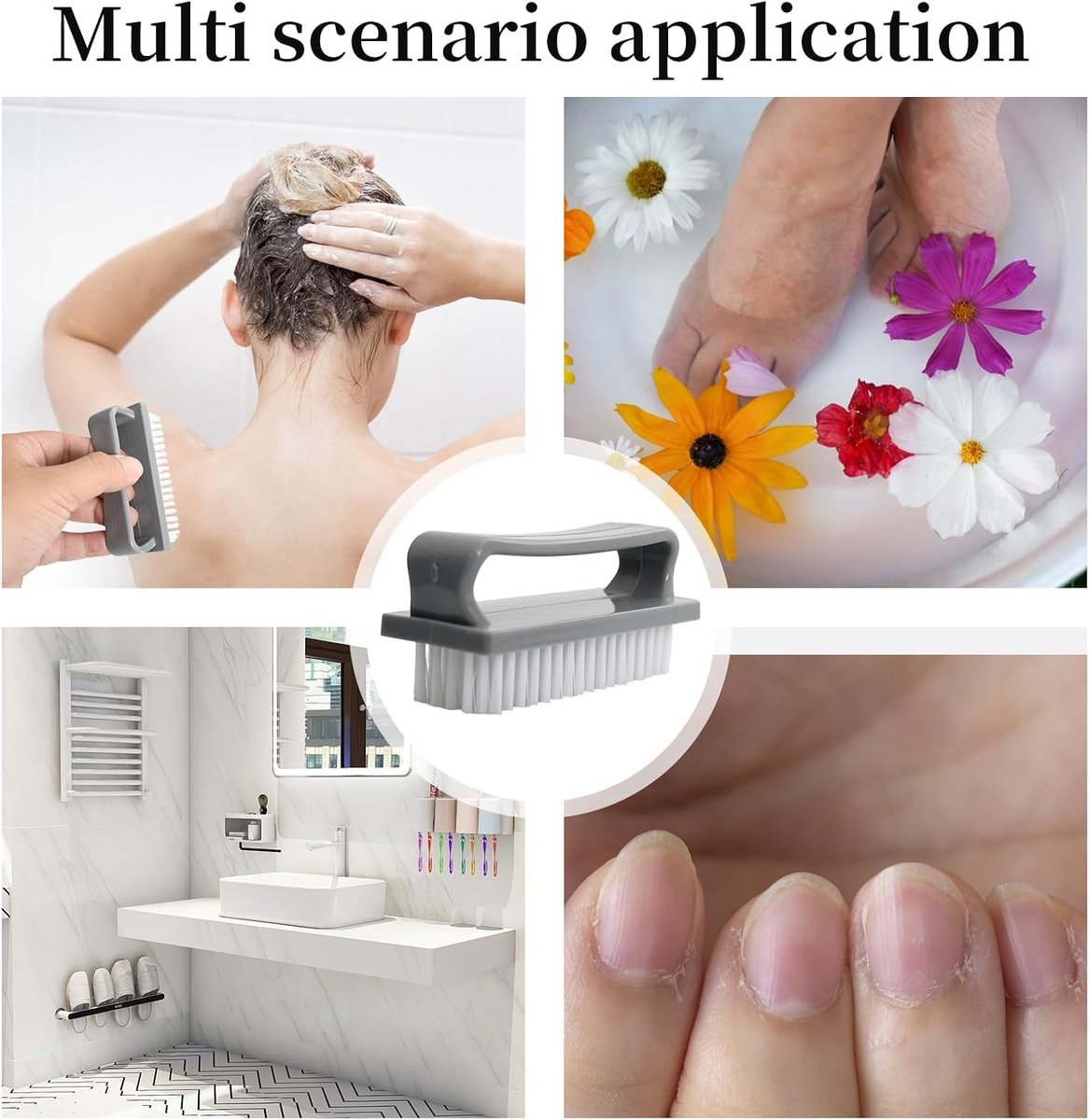 Nagelreinigingsborstel met handvat, nagelborstel praktische set van 4, nagelborstels stevig en duurzaam, nagelborstels voor het reinigen van nagels, multifunctionele nagelschrobborstel, grijs