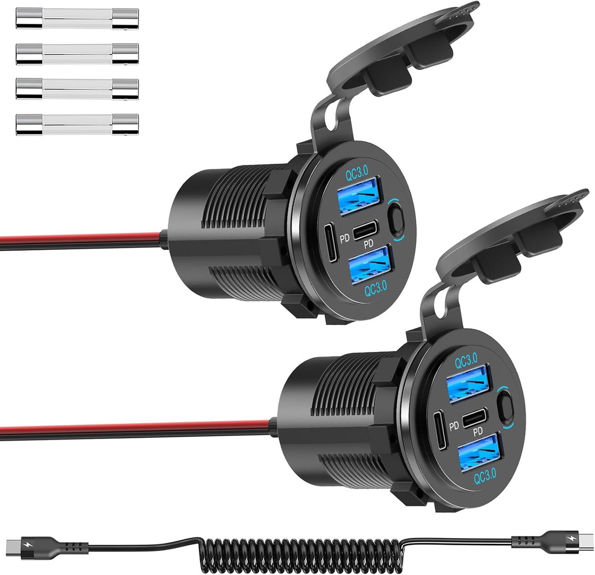 2-PACK Waterdichte 90W Autolader met 4 Poorten: Dubbele USB-C PD 36W & QC3.0 12V Stopcontact met Schakelaar en USB-C Kabel Geschikt voor Auto, Boot, Camper, Vrachtwagen, Motor en Caravan