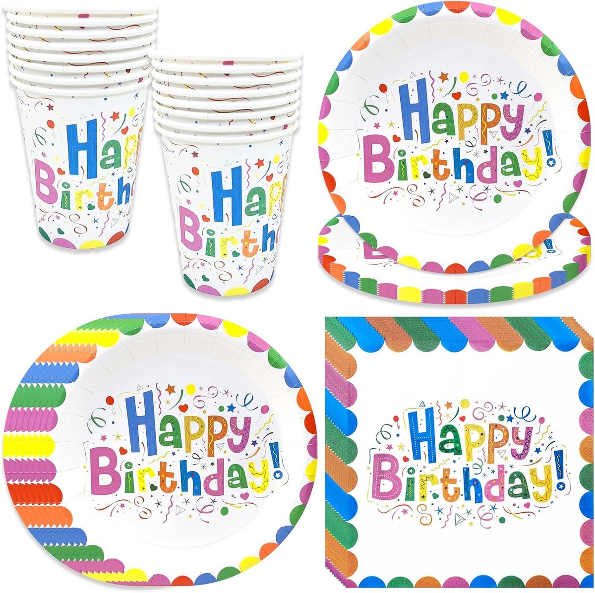 Verjaardagsfeestserviesset, Happy Birthday, kinderverjaardag, papieren borden, mokken, servetten, serviesset voor mannen, vrouwen, kinderen, verjaardagsdecoratie, wit