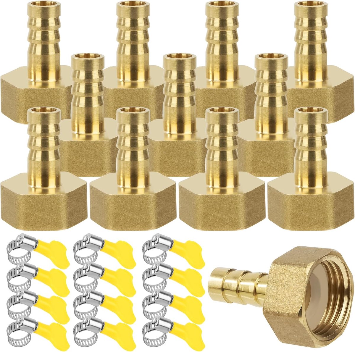 Buisadapter, 12 stuks 10 mm weerhaken x 1/2 inch binnendraad, buisconnector van messing met schroefdraad, slangtuit schroefverbinding met klemmen voor water, gas, lucht