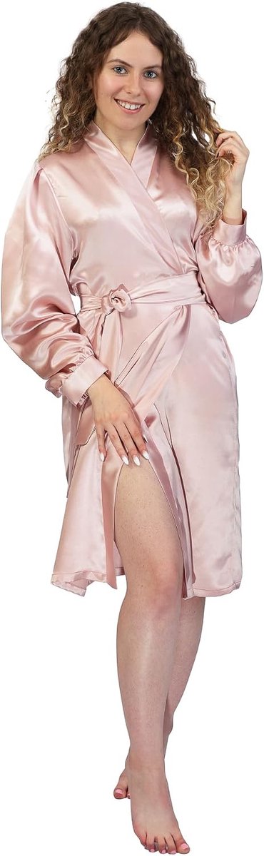 Silk Robe 19 momme, Knielengte, Lange mouw met riem, Blush Pink. 19 momme