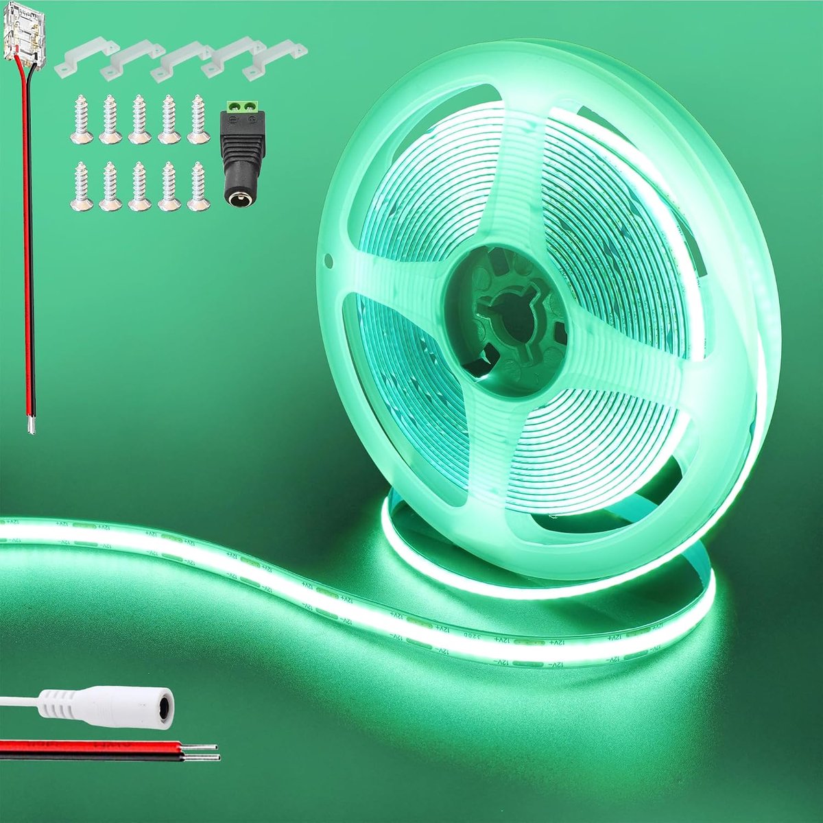 12V COB 480LED LED-strips, 16,4FT/5M (zonder voeding), groen, 2400LED, met 5521DC vrouwelijke connectoren, 8mm breedte, IP20, voor DIY binnenhuisdecoratie