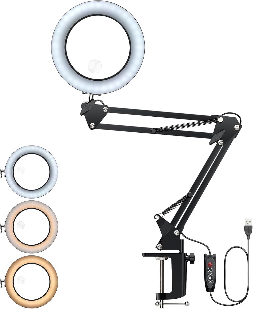8X/15X LED vergrootlamp met zwenkarm, vergrootglas met licht, tafellamp met 3 kleurmodi, 10 helderheidsniveaus, dimbare werklamp met klem, verstelbaar, voor werkbanken