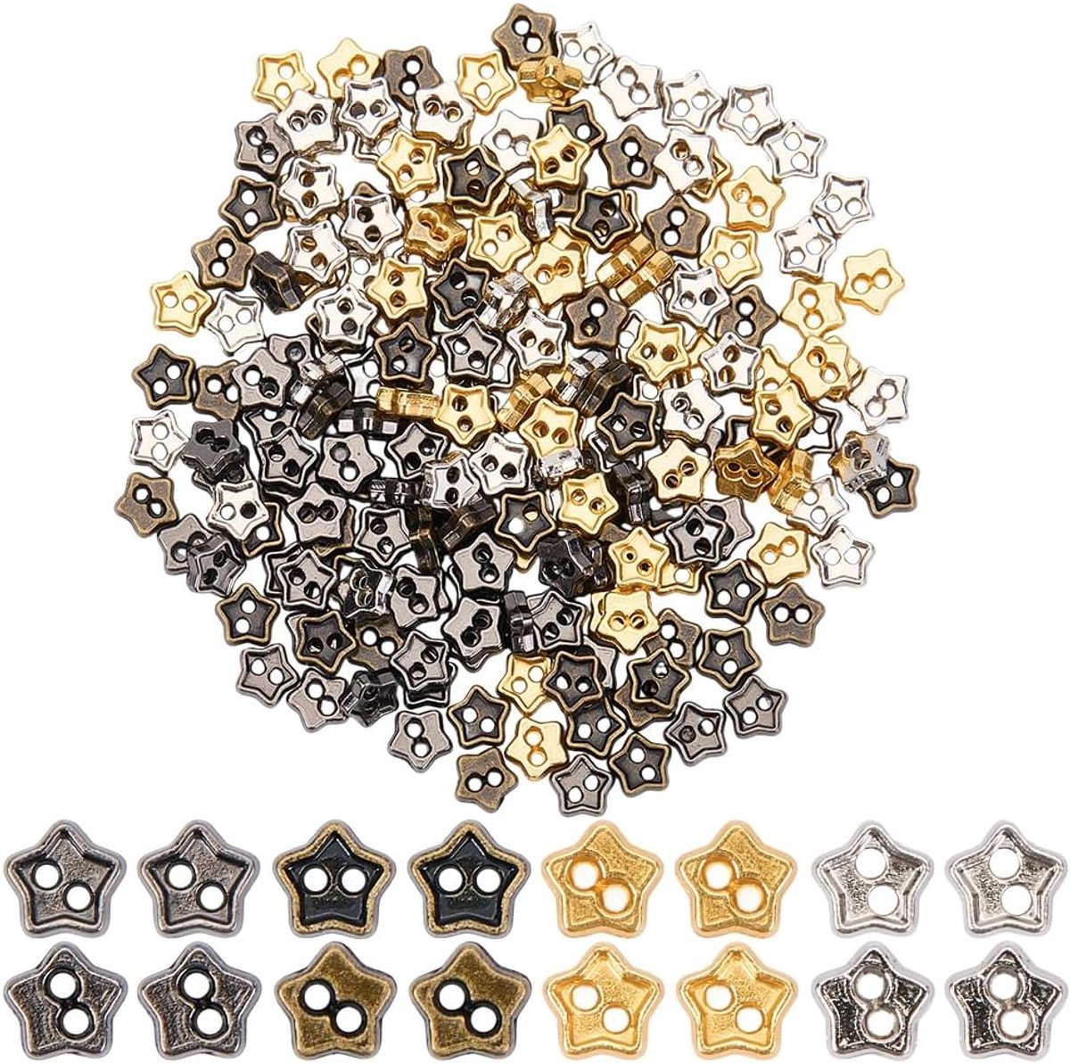 1 Doos 200Pcs Legering Twee Gat Mini Stervormige Knoppen Meerdere Goud Zwart Bruin Zilver Vijfpuntige Sterren Metallic Diverse Knop Voor Naaien Maken Kleding Diy Craft Hoofdbanden