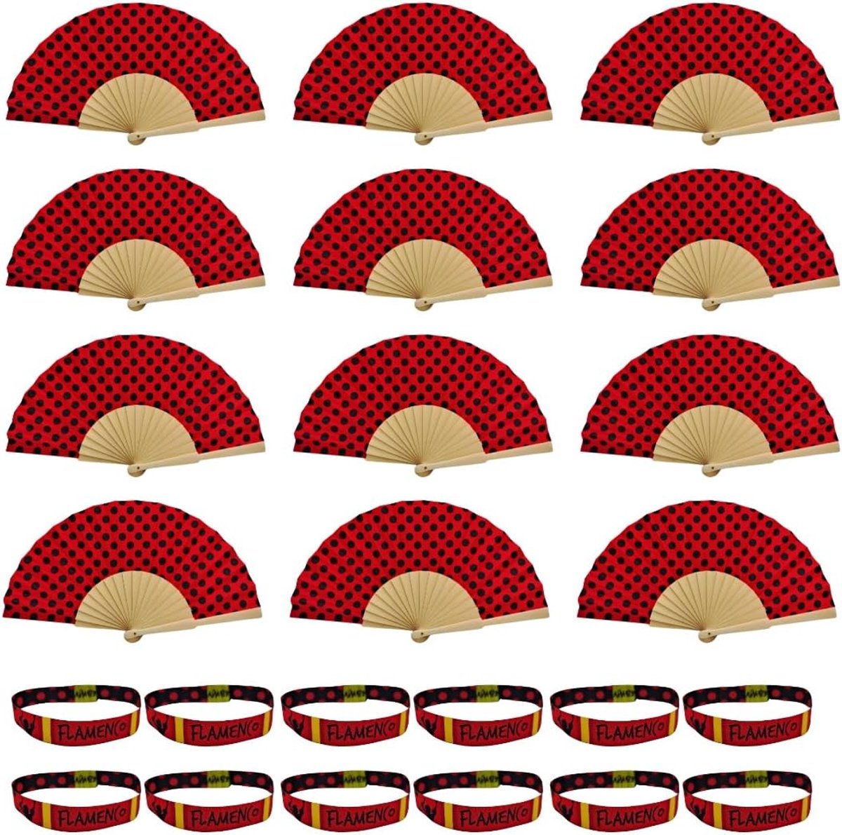 Verpakking met 12 opvouwbare flamingo-vakken + 12 stoffen armbanden met vrolijk design, souvenir Spanje, cadeaus voor beurzen, dorpfeesten, vrijgezellenfeesten, bedrijfsevenementen enz.